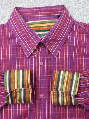 Bugatchi Uomo Shirt Men XL Pink Striped Flip Cuff 100% Cotton Long Sleeve Button
